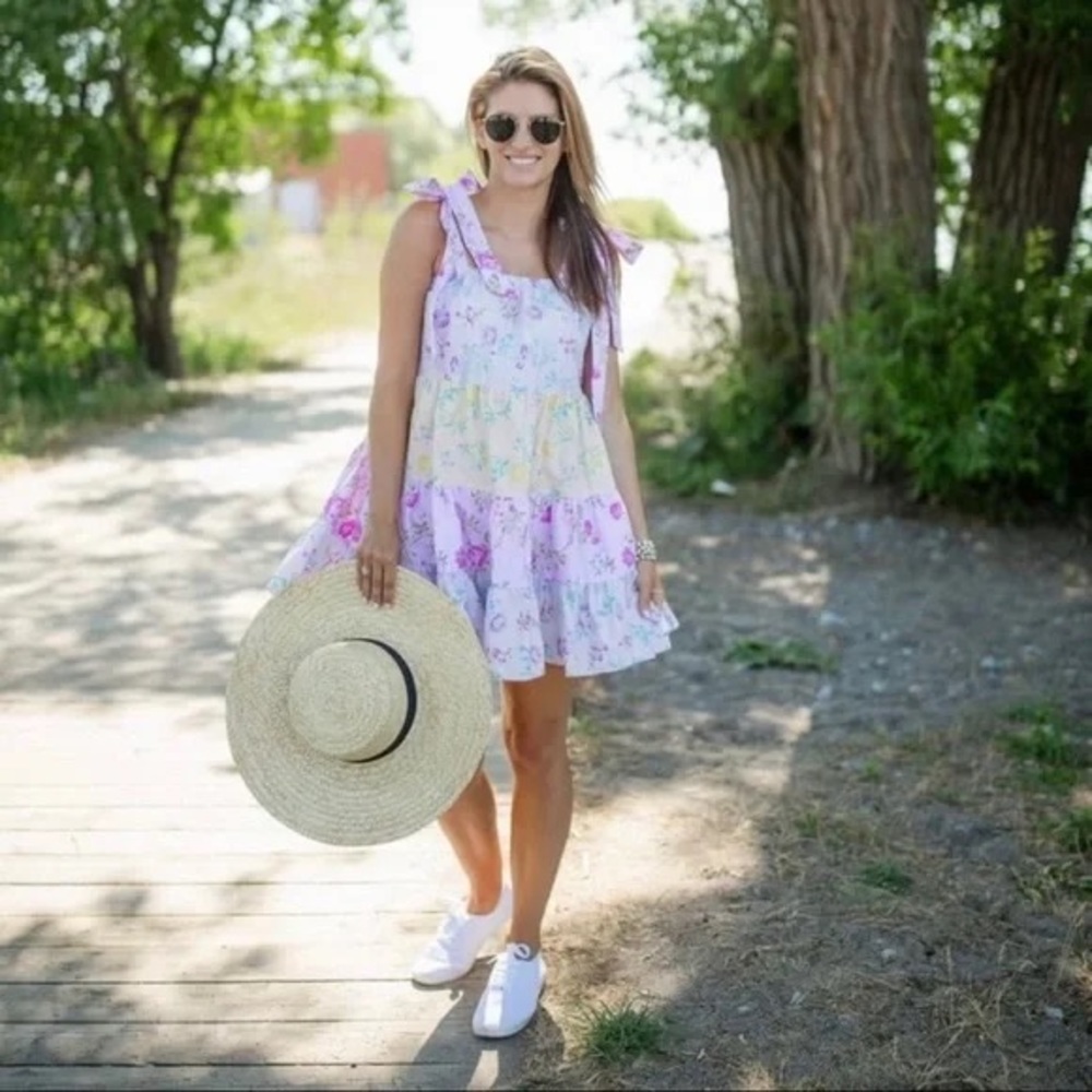 LoveShackFancy Pastel Floral Tiered Mini Dress in Lavender, Pink, Yellow - Picture 2 of 13